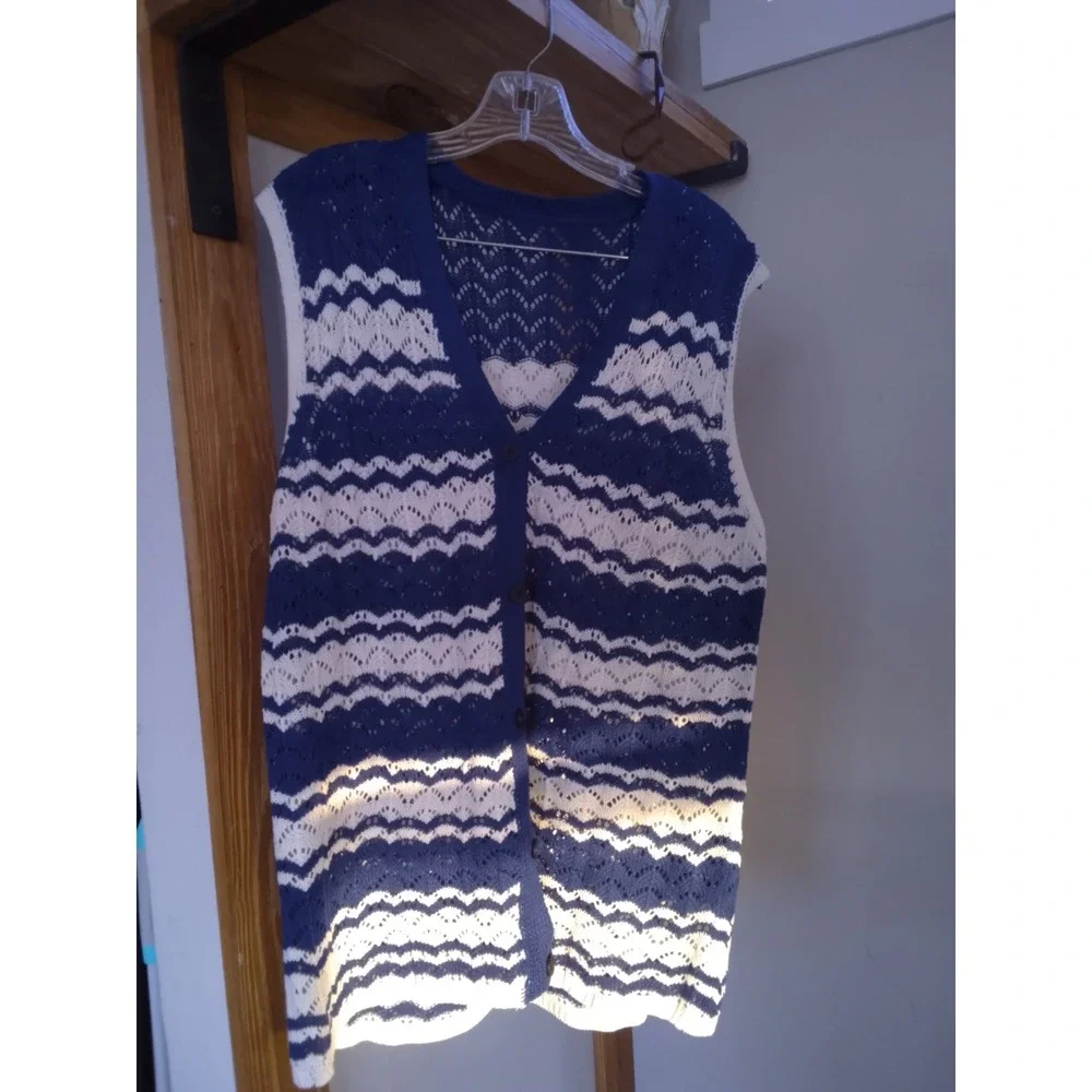 Navy Blue White Crochet Knit 2 Piece Set Chevron Vest and Wide Leg Pants